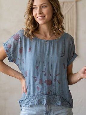 ✨ Elena Baldi Italy Rose Print Silk Blend Layered Blouse Blue Lace Trim L